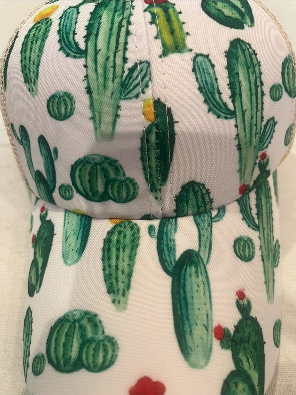 White & Green Cactus Print Trucker Hat with ponytail space. New! - Picture 2 of 7